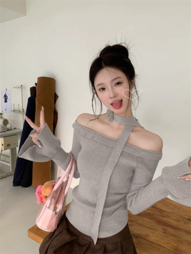 Korean style solid color ladylike design ruffled one-shoulder knitted top pure lust ribbon slim sweater for women