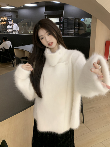 Actual shot ~ Korean style high-end stand-up collar long fur raccoon velvet loose and slim long-sleeved knitted cardigan