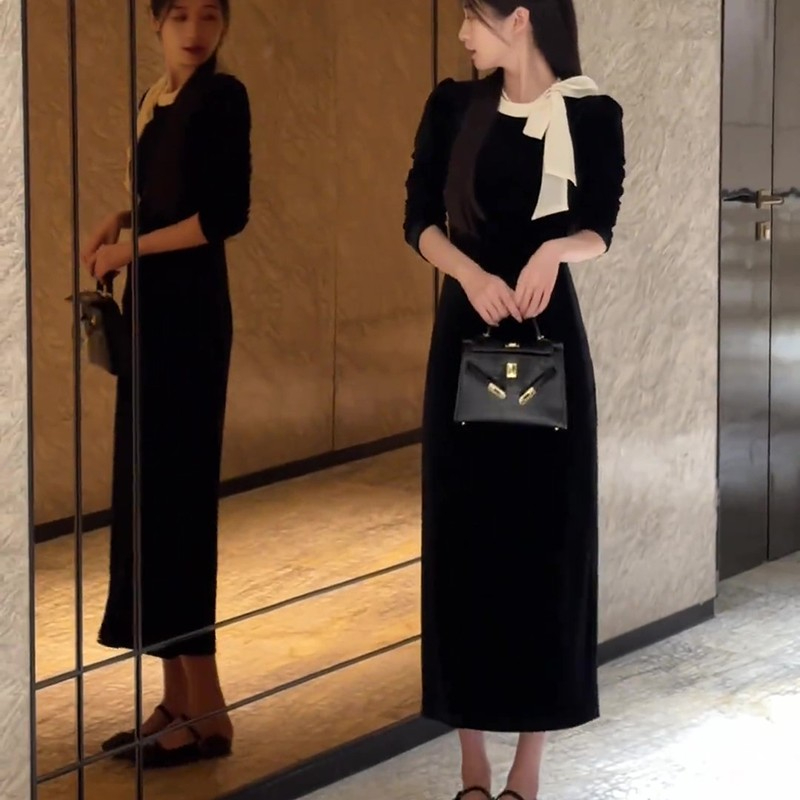 茶歇法式蝴蝶結名媛連衣裙女裝秋冬赫本風絲絨內搭打底漂亮長裙子