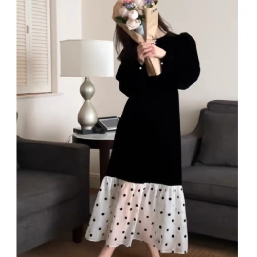 2024 early spring new women's black sweatshirt spliced ​​polka dot dress high-end autumn and winter skirt