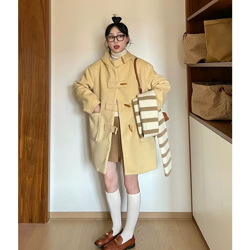 Horn button woolen coat women's autumn and winter high-end woolen coat new style small thickening popular this year