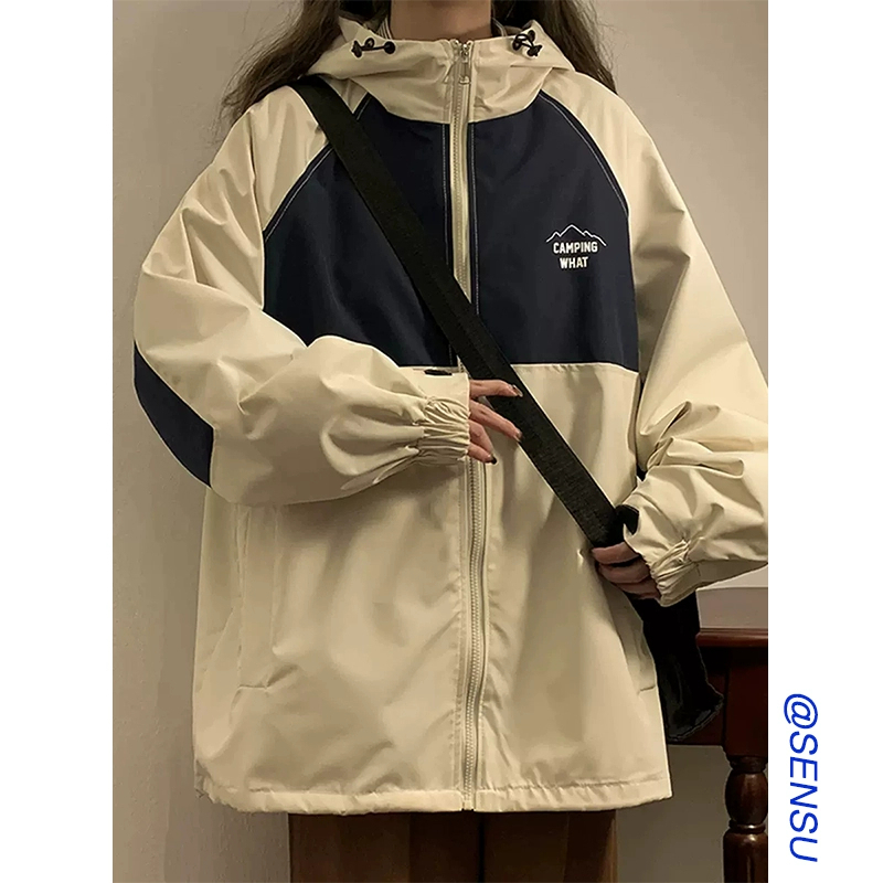 Small spring coat women's Japanese style hooded jacket new contrast color design chic loose top