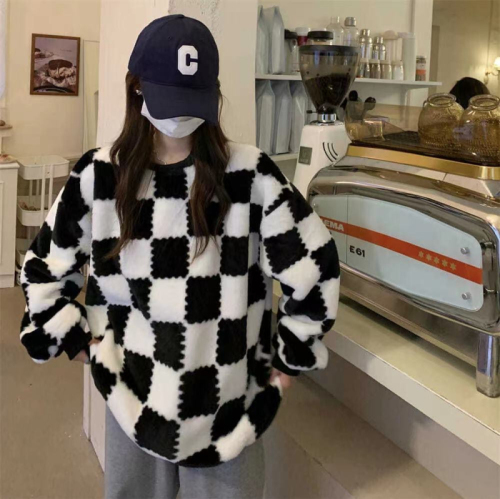 Thickened checkerboard mid-length lazy style loose sweater jacket Korean style versatile sweater