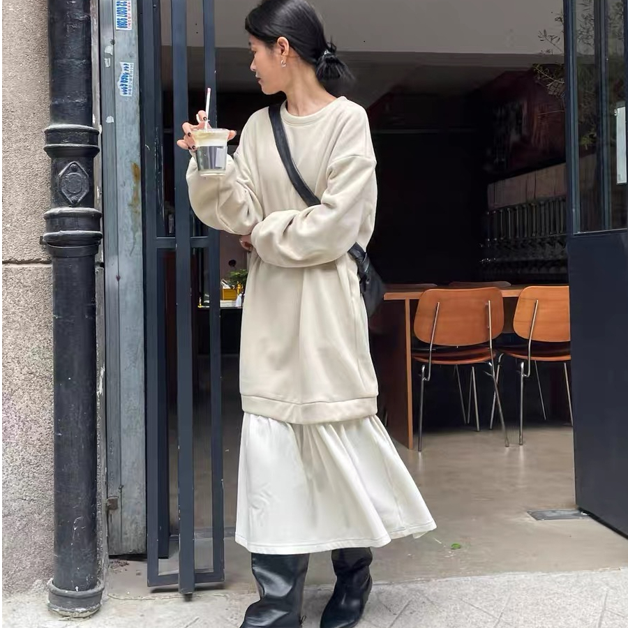 魚尾連衣裙假兩件加絨加厚衛衣裙女秋冬遮***內搭裙長款過膝長裙