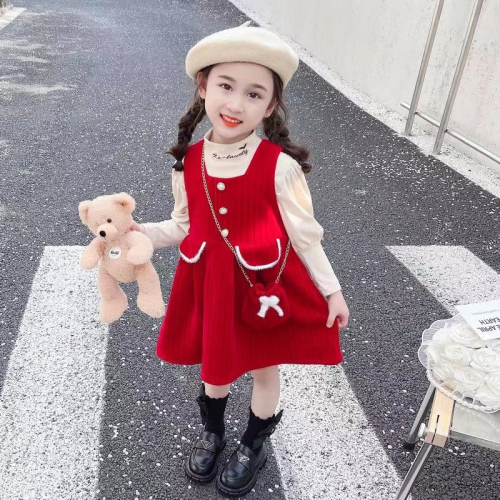 2024 Spring and Autumn Year of the Dragon Red New Year Clothes Girls Warm and Versatile Bottoming Shirts Vest Skirts Girls Dress Sets