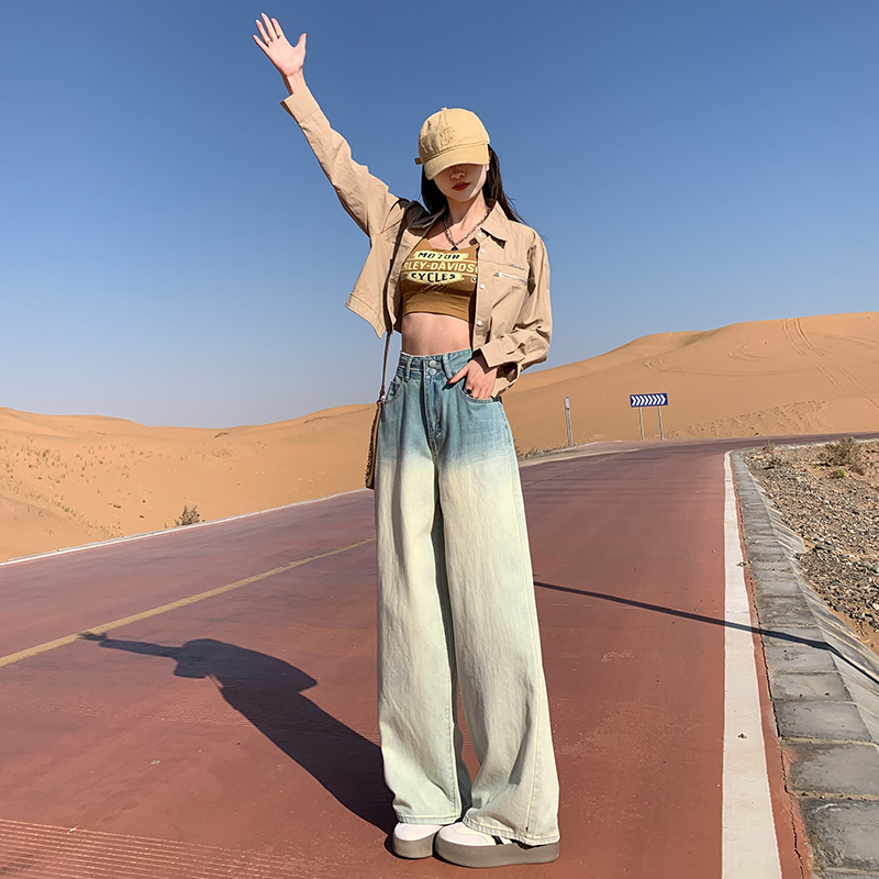實拍~2024春裝新款漸變設計直筒褲韓版百搭闊腿褲女裝牛仔褲長褲