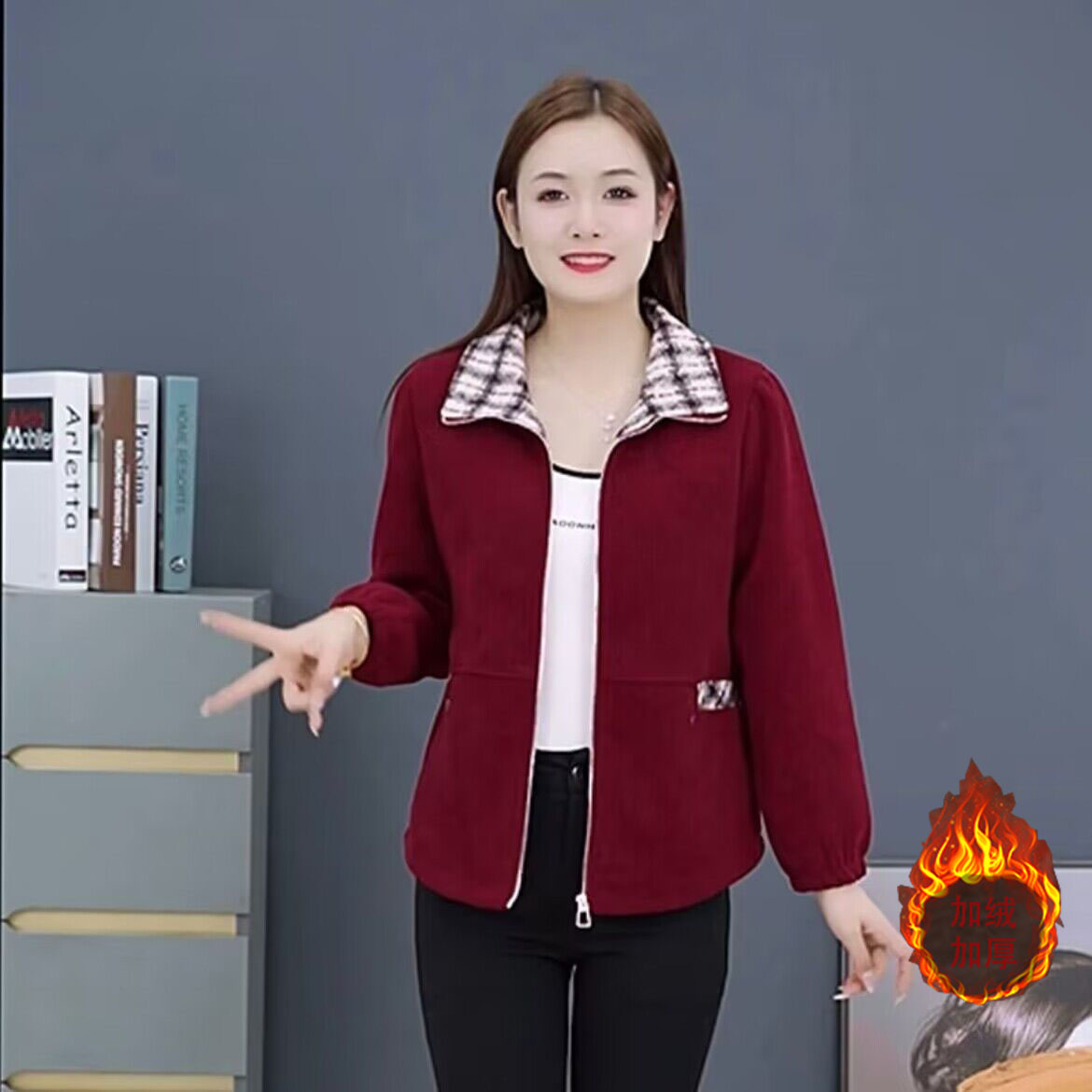 Checkered short woolen coat women's winter new French retro purple woolen loose long-sleeved top