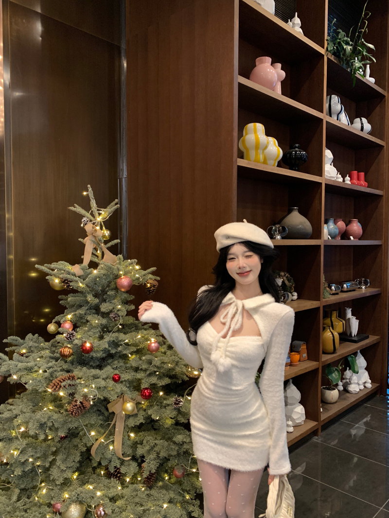 實拍 純欲性感辣妹針織連衣裙女氣質水貂絨毛毛內搭包臀短裙