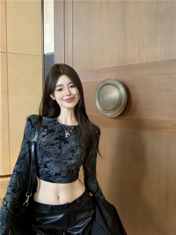 Actual shot ~ Korean style floral slim fit sexy long sleeve T-shirt drawstring design round neck top for women