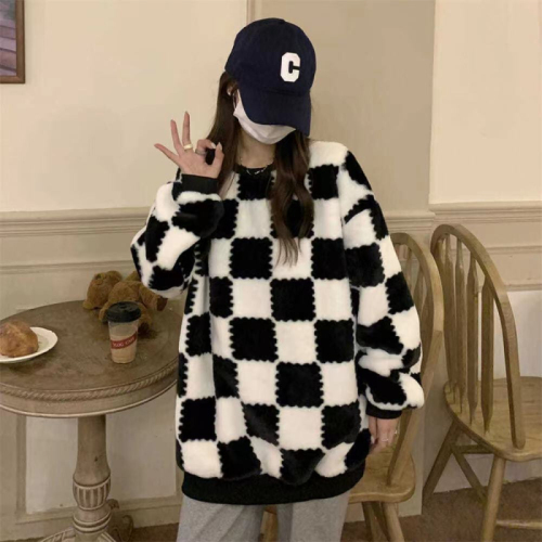 Thickened checkerboard mid-length lazy style loose sweater jacket Korean style versatile sweater