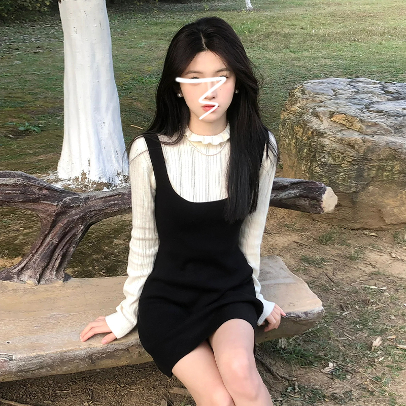 黑色吊帶連衣裙女秋冬季新款小個子香風背帶裙穿搭配一整套裝