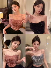 Real shot ~ hot girl sweet and cool style chain shoulder strap sequin glitter suspender pleated design small vest for women