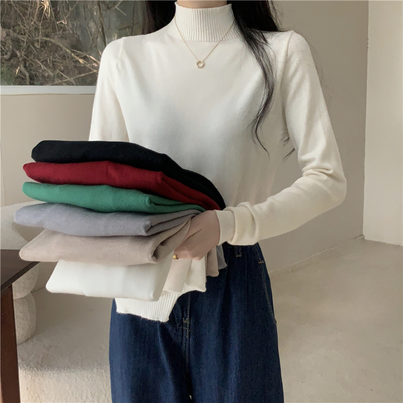 實拍  秋冬新款顯瘦彈力半高領長袖針織衫打底衫女