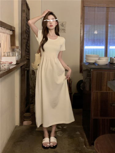 Actual shot~Spring~Korean style solid color simple round neck short-sleeved dress slimming knitted long skirt