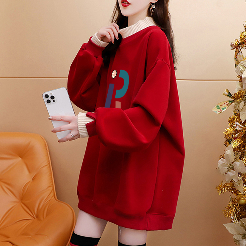 Pure cotton composite super soft autumn and winter 2024 letter printed fake two-piece half turtleneck plus velvet sweatshirt for women