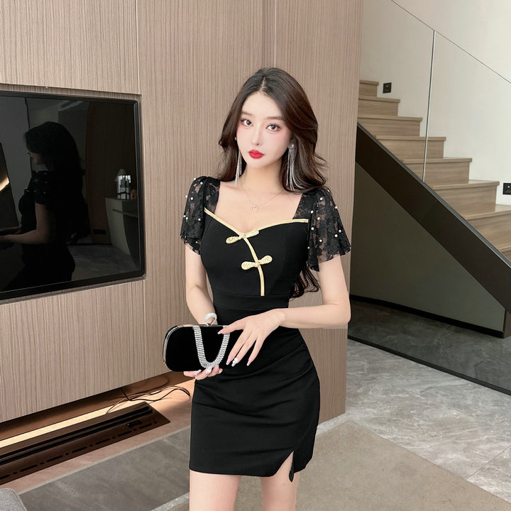 實拍 2024新款性感夜店修身顯瘦蕾絲拼接深V包臀連衣裙