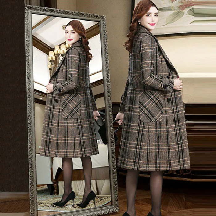 350 dragon and phoenix woolen coat women's mid-length autumn and winter new style over-the-knee thickened warm plaid woolen coat