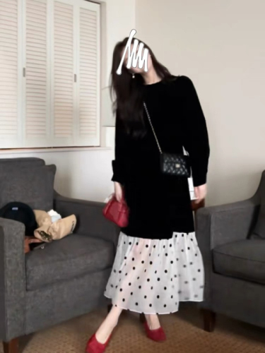 2024 early spring new women's black sweatshirt spliced ​​polka dot dress high-end autumn and winter skirt