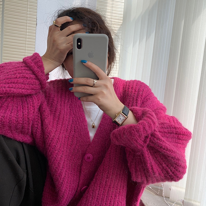 Korean style lazy knitted cardigan Internet celebrity v-neck sweater women's loose outer wear autumn and winter new gentle top jacket