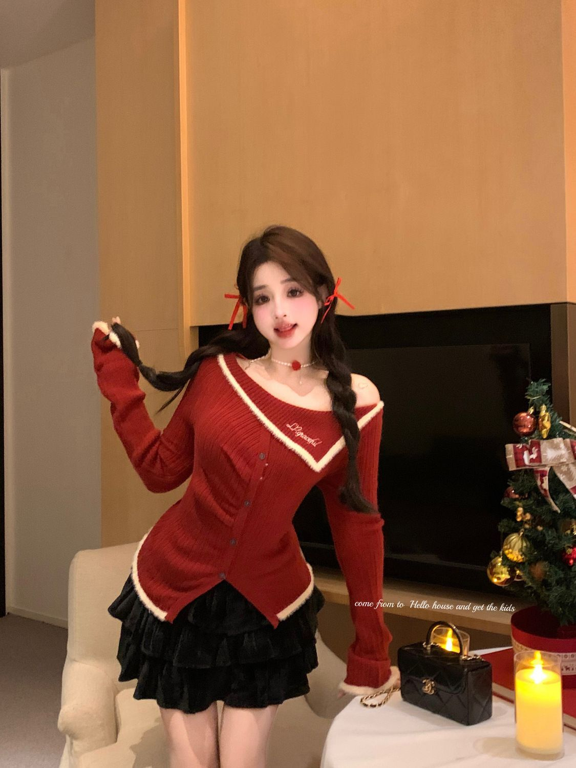 時尚新款一字肩紅色女秋冬小香風針織打底衫內搭純欲辣妹上衣