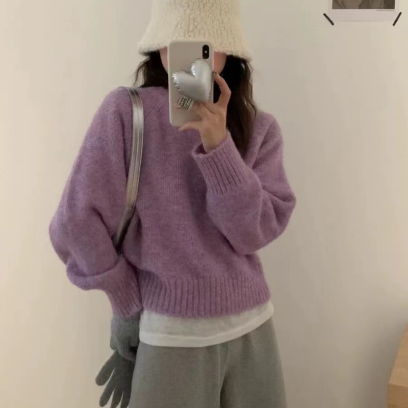 溫柔風圓領套頭毛衣女2024春季設計感軟糯慵懶風顯瘦馬海毛針織衫
