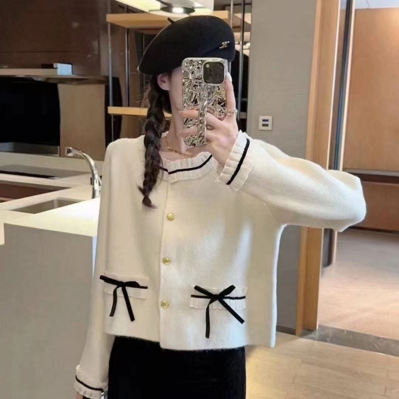 甜美顯瘦毛衣外套女2024春季新款小香風綿羊絨蝴蝶結針織開衫上衣