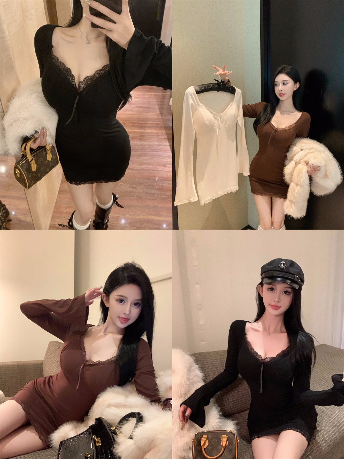 Brown sexy v-neck long-sleeved dress for women in autumn, lace inner wear, little mom skirt, tight waist-hugging hip skirt