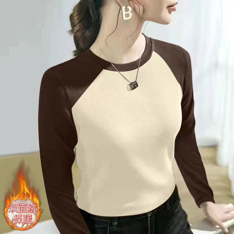 German velvet round neck long-sleeved T-shirt for women in autumn and winter new double-sided velvet contrasting color slim bottoming shirt with warm top inside