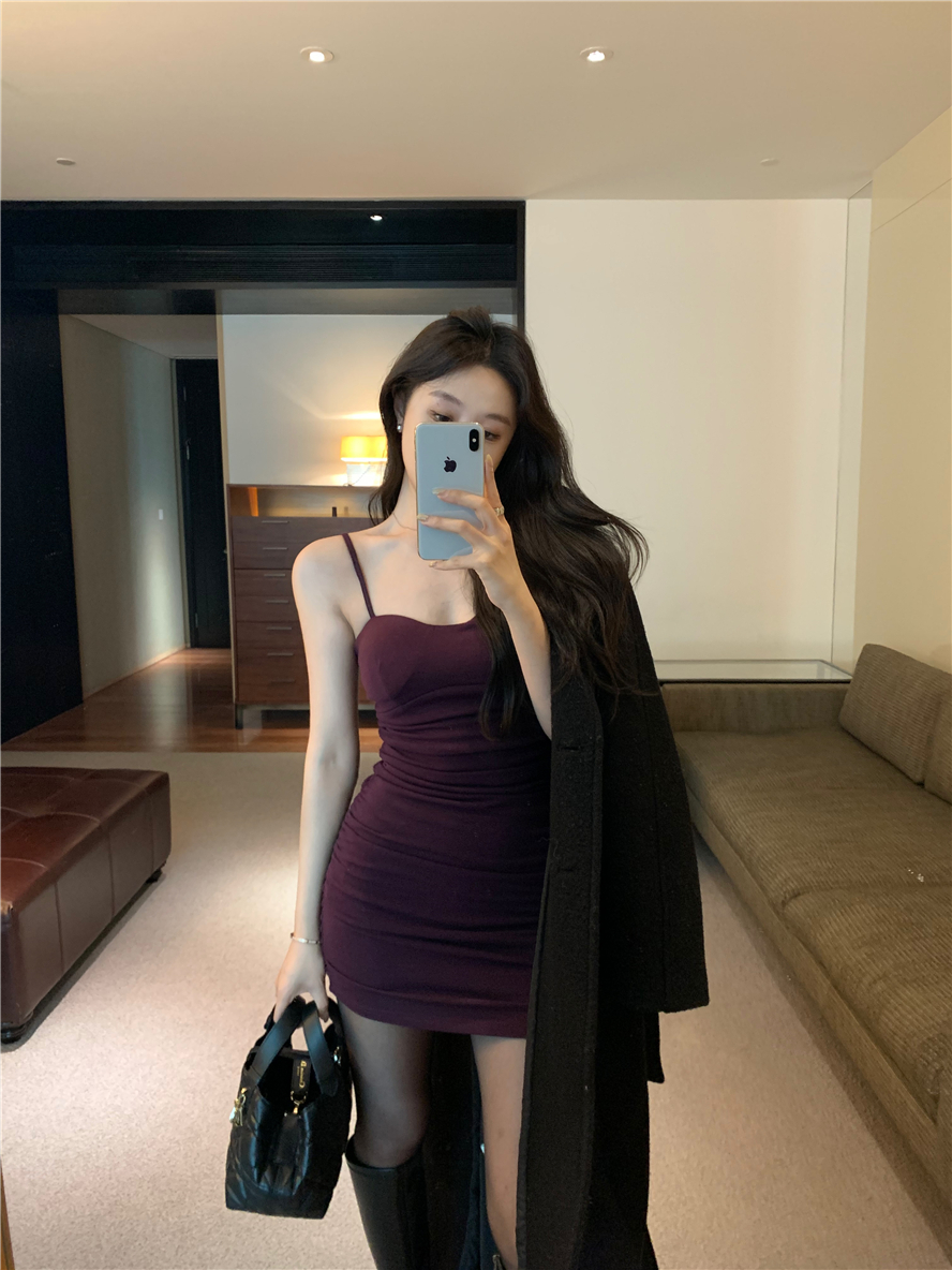 實拍 辣妹性感帶胸墊吊帶連衣裙褶皺內搭緊身顯身材包臀裙女