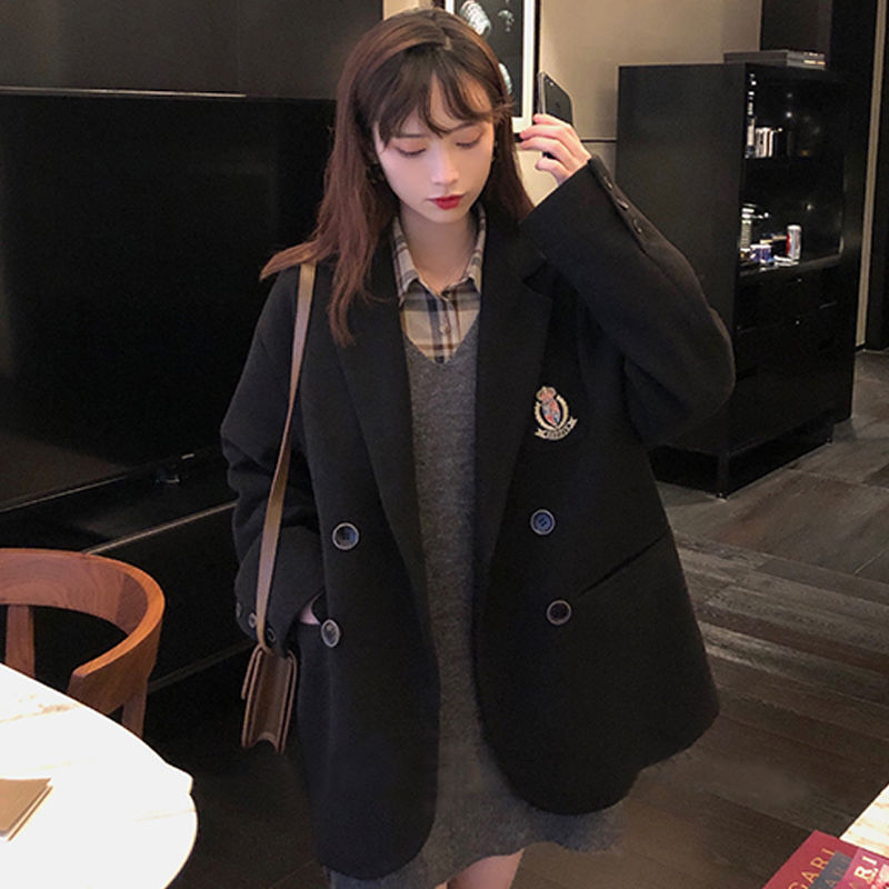 New autumn and winter Korean style loose black mid-length badge woolen coat women's suit collar woolen coat trendy