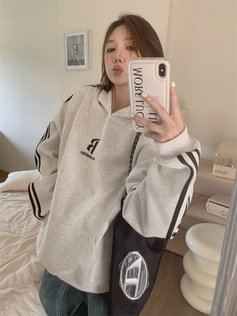 棉後包領美式復古字母印花連帽衛衣女2024秋季寬鬆休閒長袖上衣潮
