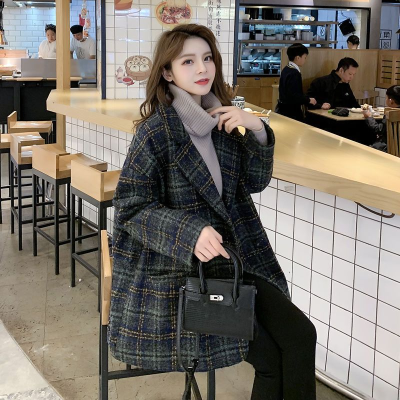 Woolen coat plaid coat women's mid-length autumn new popular loose woolen coat