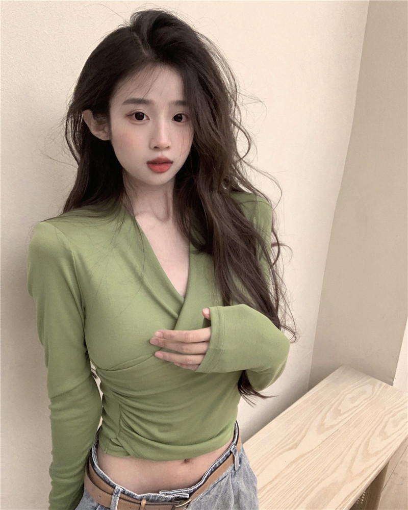 Actual shot~Spring style~Versatile design V-neck long-sleeved waist slimming bottoming shirt versatile temperament T-shirt
