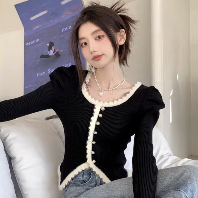 法式花邊黑色設計感毛衣內搭打底衫秋冬季女高級針織開衫上衣