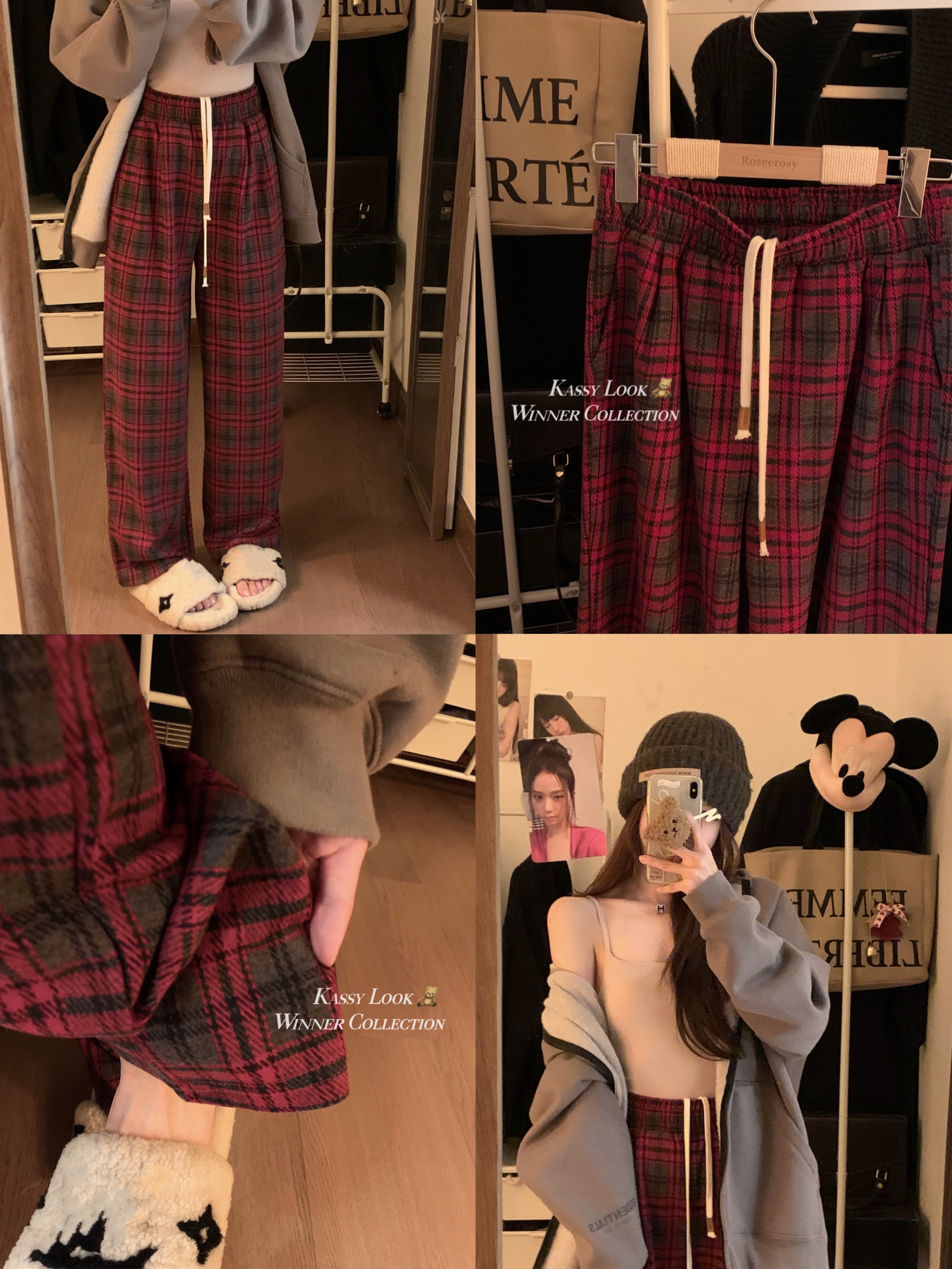 實拍~復古直筒格子褲女秋冬垂感毛呢闊腿褲