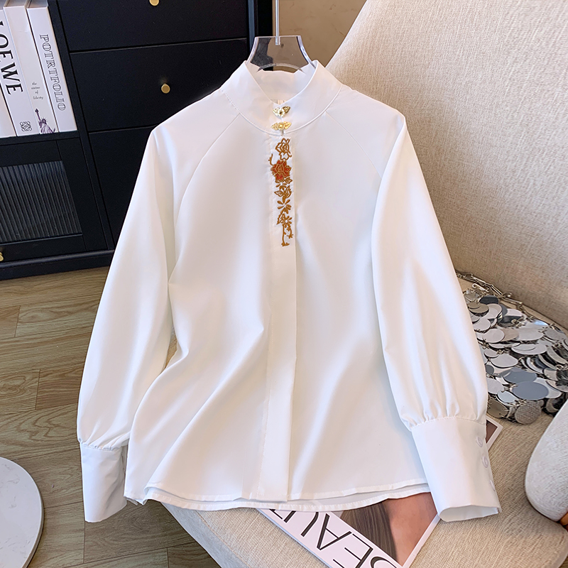 新中式國風刺繡上衣女2024春款配馬面裙襯衫高級感小立領漢服襯衣