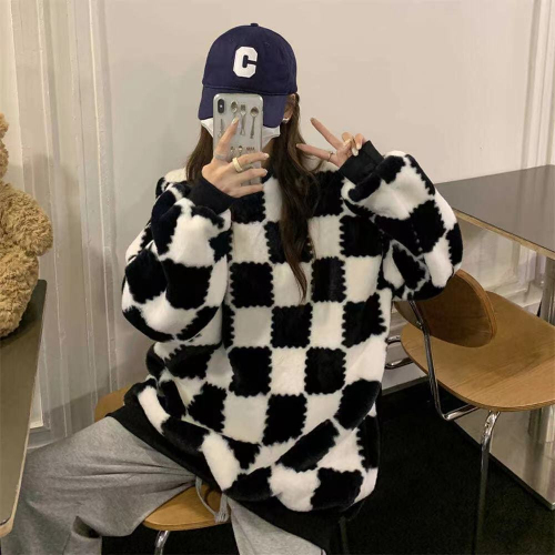 Thickened checkerboard mid-length lazy style loose sweater jacket Korean style versatile sweater