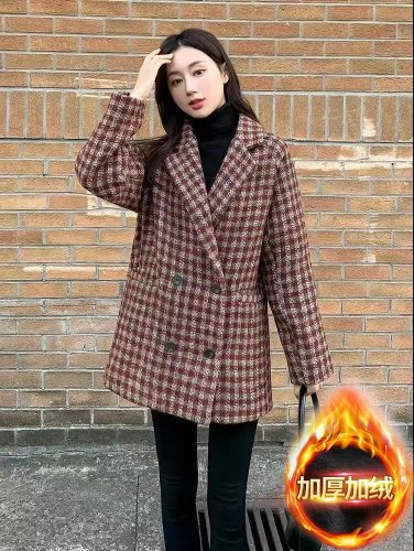 Velvet thickened woolen coat mid-length autumn and winter new plaid loose double-breasted coat