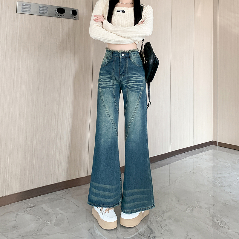 實拍~水洗做舊毛邊高腰長褲子辣妹顯瘦復古闊腿微喇叭牛仔褲
