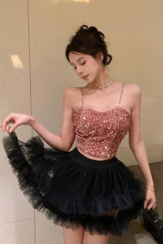 Real shot ~ hot girl sweet and cool style chain shoulder strap sequin glitter suspender pleated design small vest for women