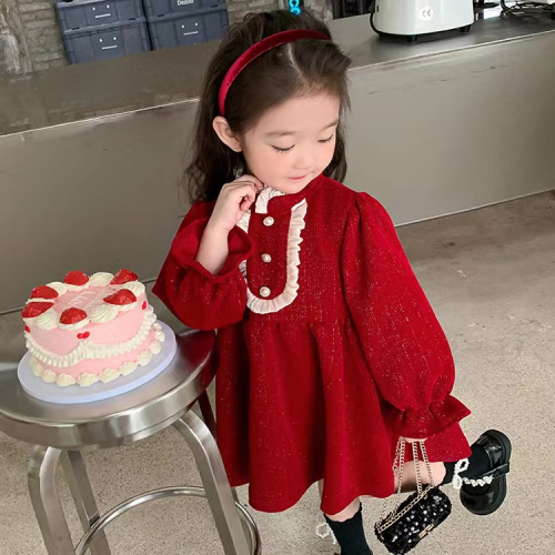 2024 New Year Year of the Dragon Girls Dress Warm Princess Red A-Line Skirt Half Turtle Collar Lace Trim Birthday Dress
