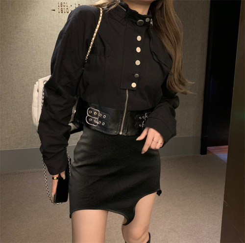 Actual shot ~ 2024 Spring Army Green Workwear Stand Collar Jacket Waist Stitching Wide Leather Corset Waist Slimming Short Jacket