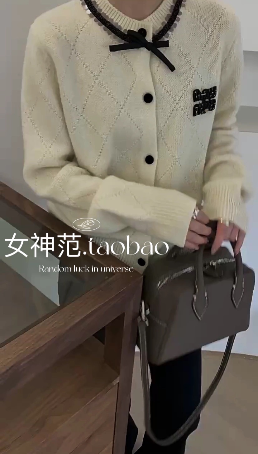 歐洲站歐貨100%羊毛重工鑲鑽蝴蝶結針織衫小香風針織外套女