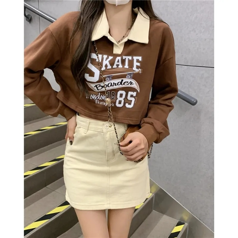 美式復古polo領oversize短款衛衣女春秋新款辣妹洋氣長袖上衣