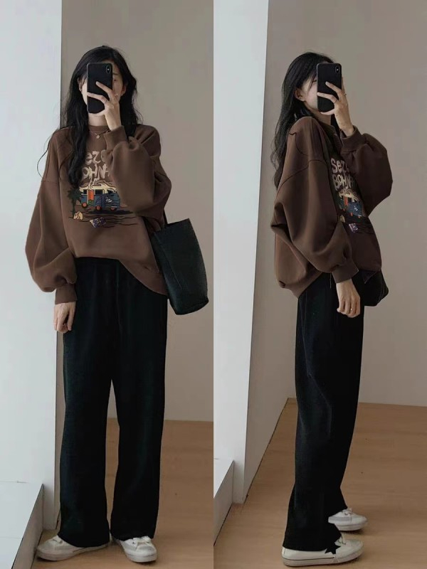 圓領印花加絨加厚衛衣女情侶質量