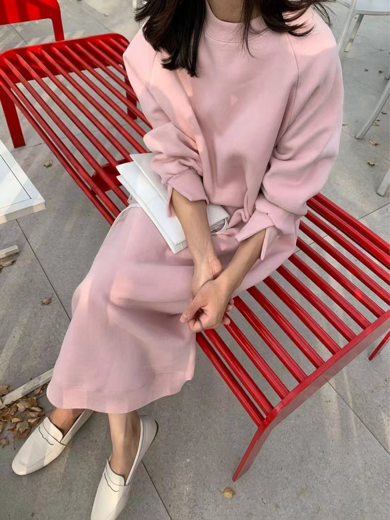 Korean chic autumn and winter simple lazy style round neck loose casual plus velvet thickened long-sleeved sweatshirt dress long skirt