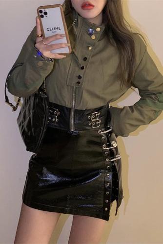 Actual shot ~ 2024 Spring Army Green Workwear Stand Collar Jacket Waist Stitching Wide Leather Corset Waist Slimming Short Jacket