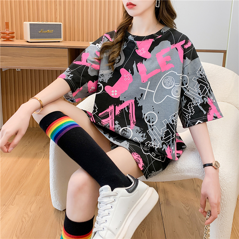 Gray letter half-sleeved T-shirt for women 2024 spring and summer mid-length Internet celebrity couple besties hot girl loose top trendy
