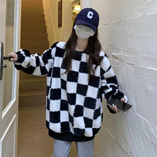 Thickened checkerboard mid-length lazy style loose sweater jacket Korean style versatile sweater