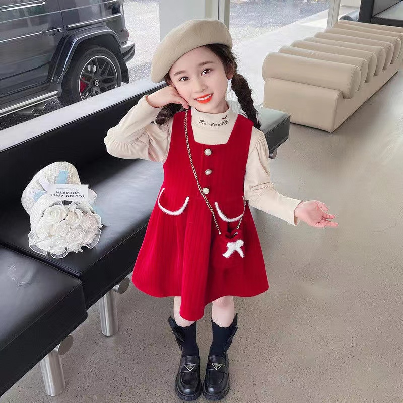 2024 Spring and Autumn Year of the Dragon Red New Year Clothes Girls Warm and Versatile Bottoming Shirts Vest Skirts Girls Dress Sets